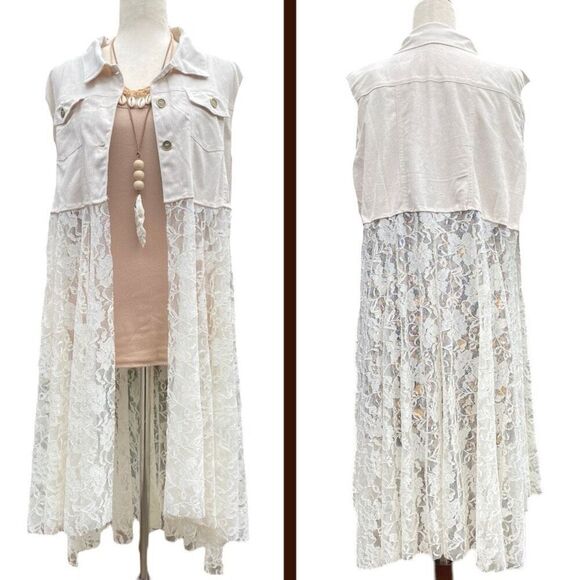 ORIGAMI Ivory White BOHO Western Sleeveless Cardigan Duster Suede & Lace Vest 2X - Picture 4 of 15